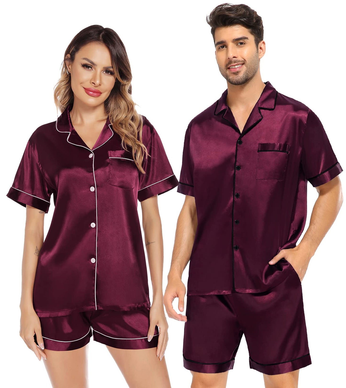 SWOMOG Satin Matching Pajamas Sets Couple Silk Button Down Nightwear Short Sleeve Sleepwear 2 Pieces Loungewear with Shorts