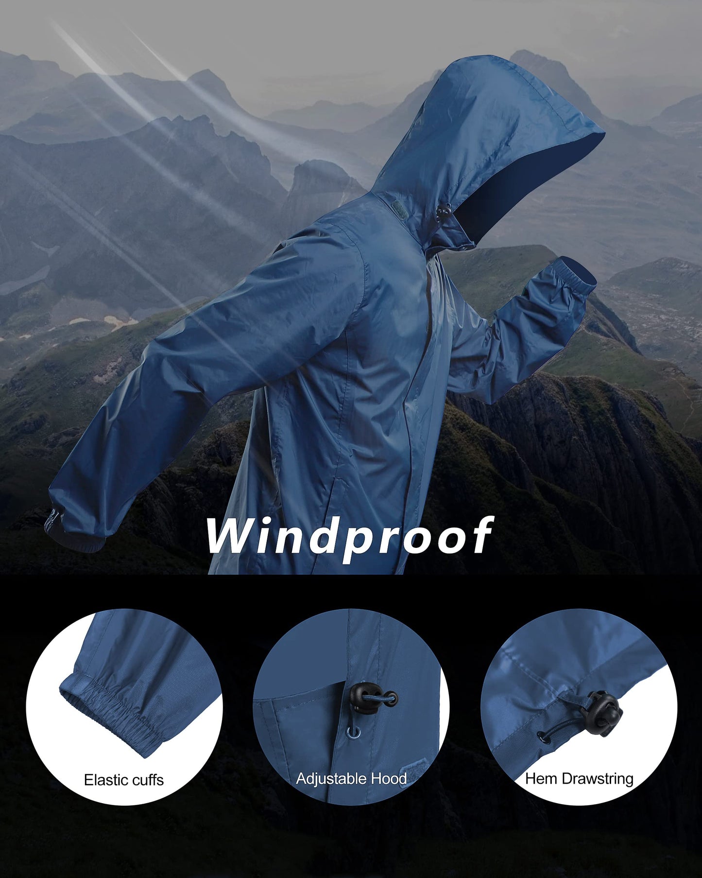 Outdoor Ventures Men's Rain Jacket Waterproof Lightweight Packable Rain Shell Raincoat with Hood for Golf Hiking Travel