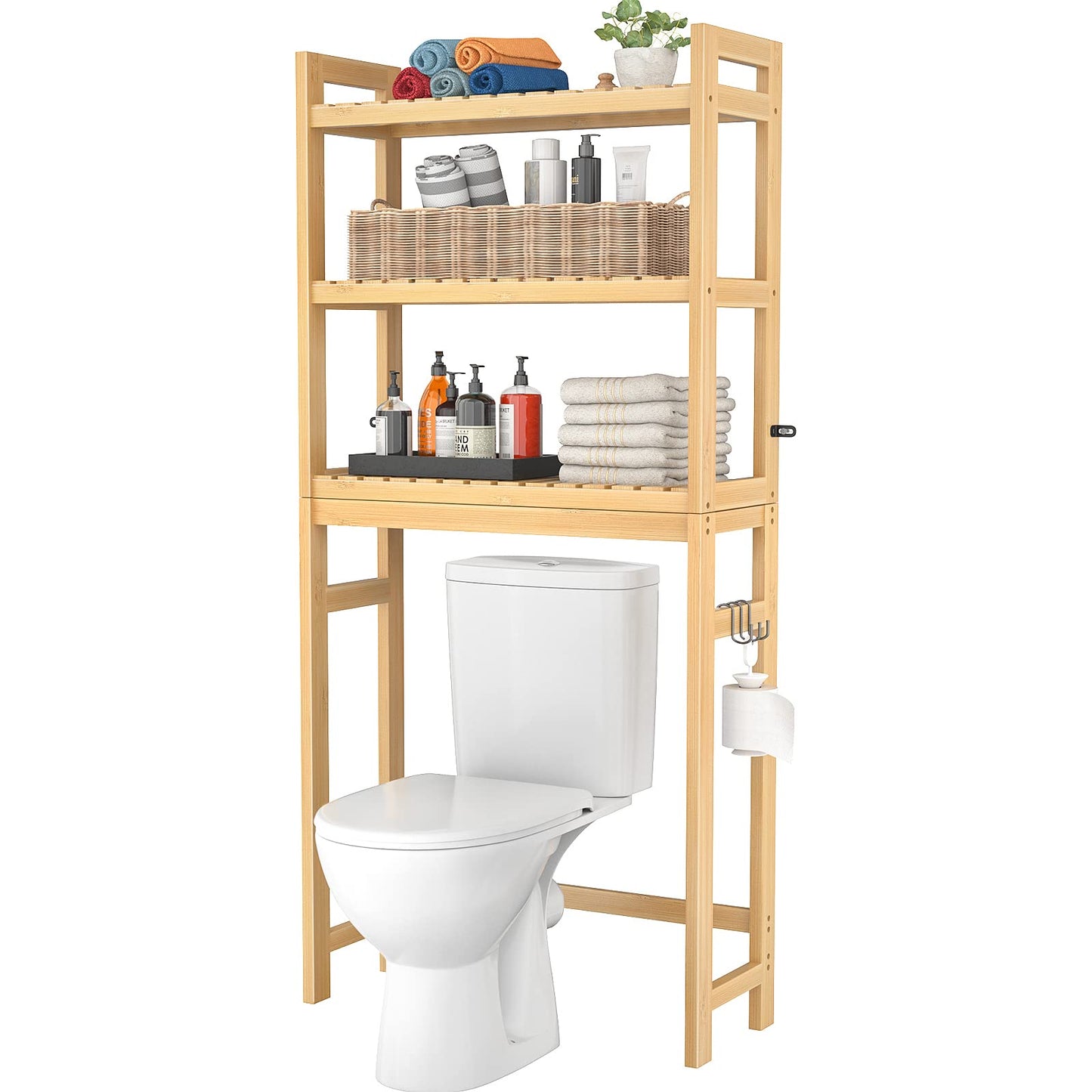 Homykic Over The Toilet Storage, Bamboo 3-Tier Over-The-Toilet Space Saver Organizer Rack, Stable Freestanding Above Toilet Stand with 3 Hooks for Bathroom, Restroom, Laundry, White