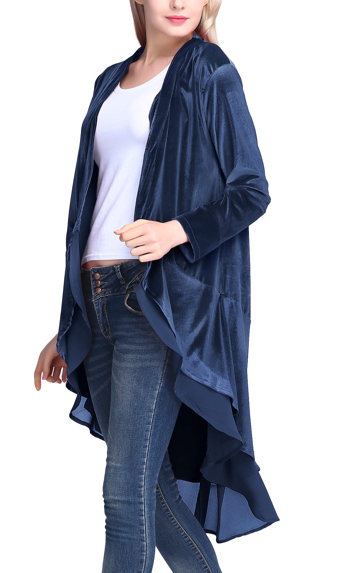 Urban CoCo Women's Long Sleeve Velvet Cardigan Coat with Asymmetric Chiffon Hem