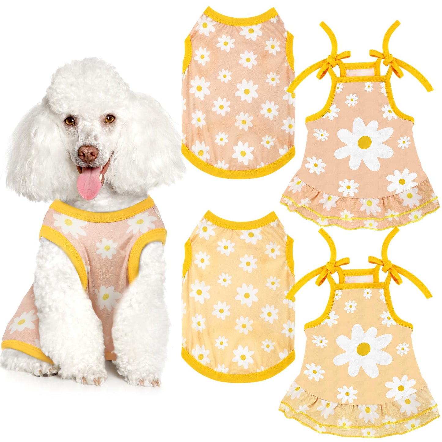 4 Pieces Pet Clothes Set Include 2 Pieces Cute Pet Dress Lovely Fruit Dog Dress and 2 Pieces Dog Shirt Breathable Pet T-Shirt Puppy Clothes for Pet (Pineapple, Sunflower,Medium)