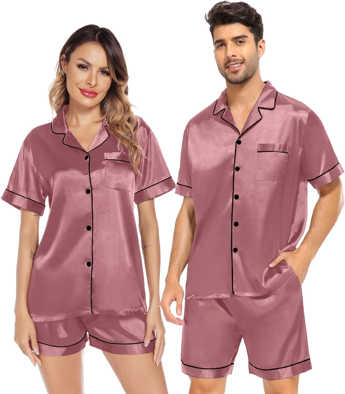 SWOMOG Satin Matching Pajamas Sets Couple Silk Button Down Nightwear Short Sleeve Sleepwear 2 Pieces Loungewear with Shorts