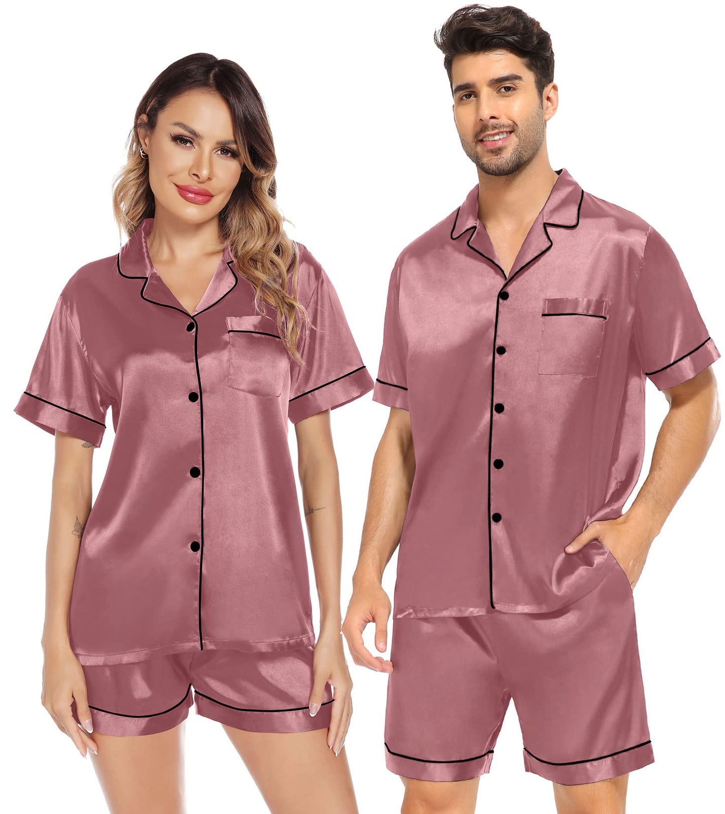 SWOMOG Satin Matching Pajamas Sets Couple Silk Button Down Nightwear Short Sleeve Sleepwear 2 Pieces Loungewear with Shorts