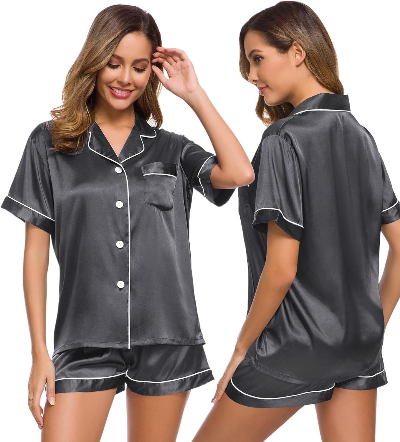 SWOMOG Womens Silk Satin Pajamas Set Two-piece Pj Sets Sleepwear Loungewear Button-Down Pj Sets