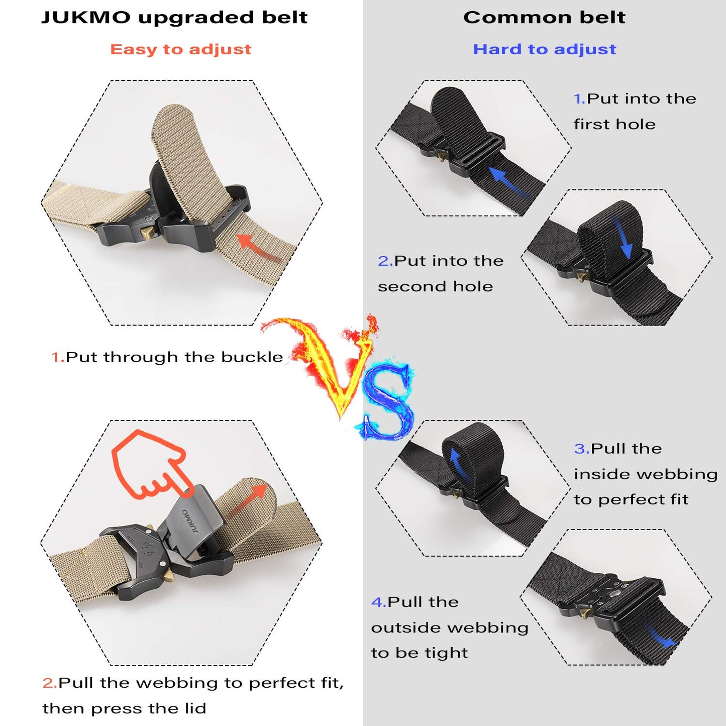 JUKMO Tactical Belt, Military Hiking Rigger 1.5" Nylon Web Work Belt with Heavy Duty Quick Release Buckle