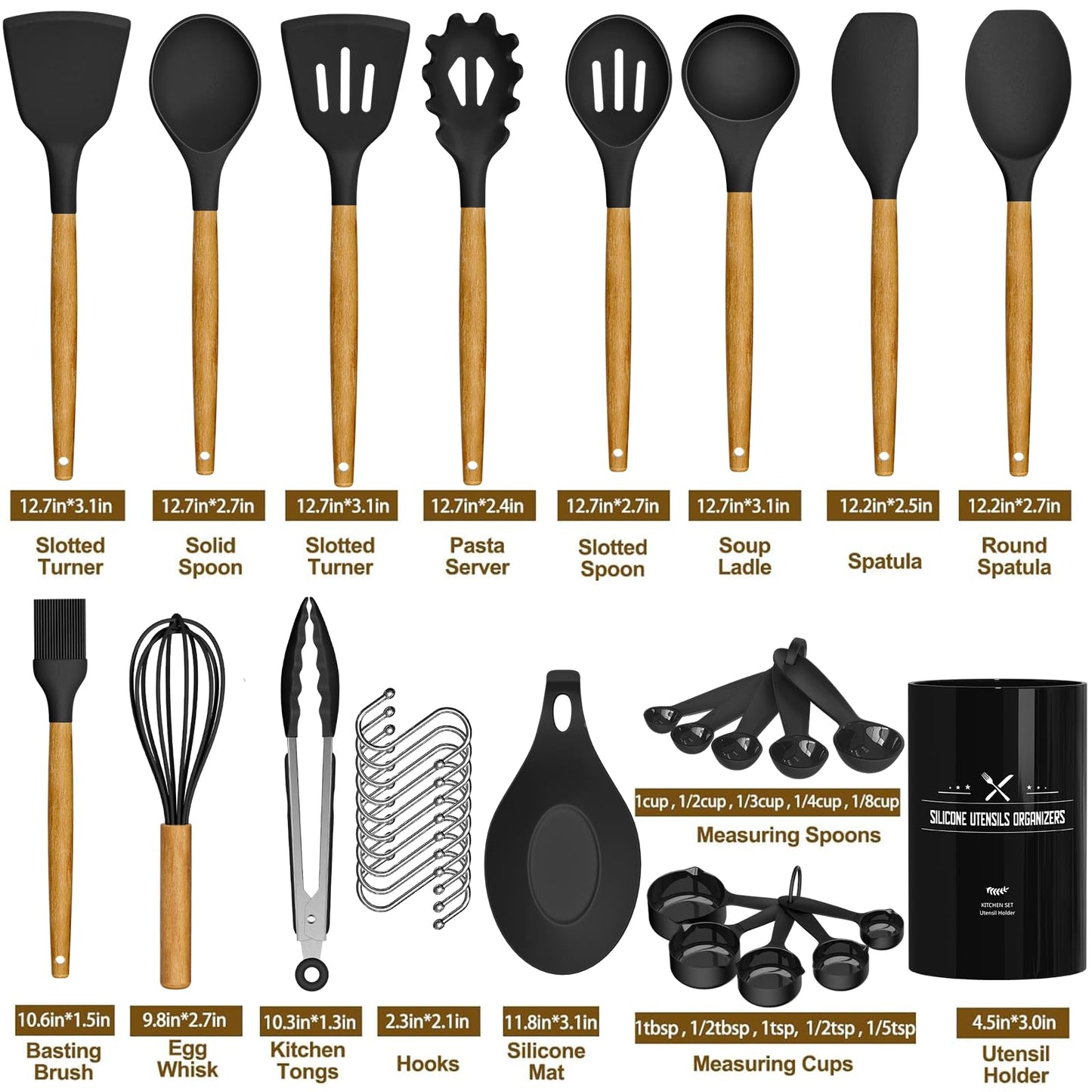 Umite Chef Kitchen Cooking Utensils Set, 33 pcs Non-Stick Silicone Cooking Kitchen Utensils Spatula Set with Holder, Wooden Handle Silicone Kitchen Gadgets Utensil Set (Khaki)