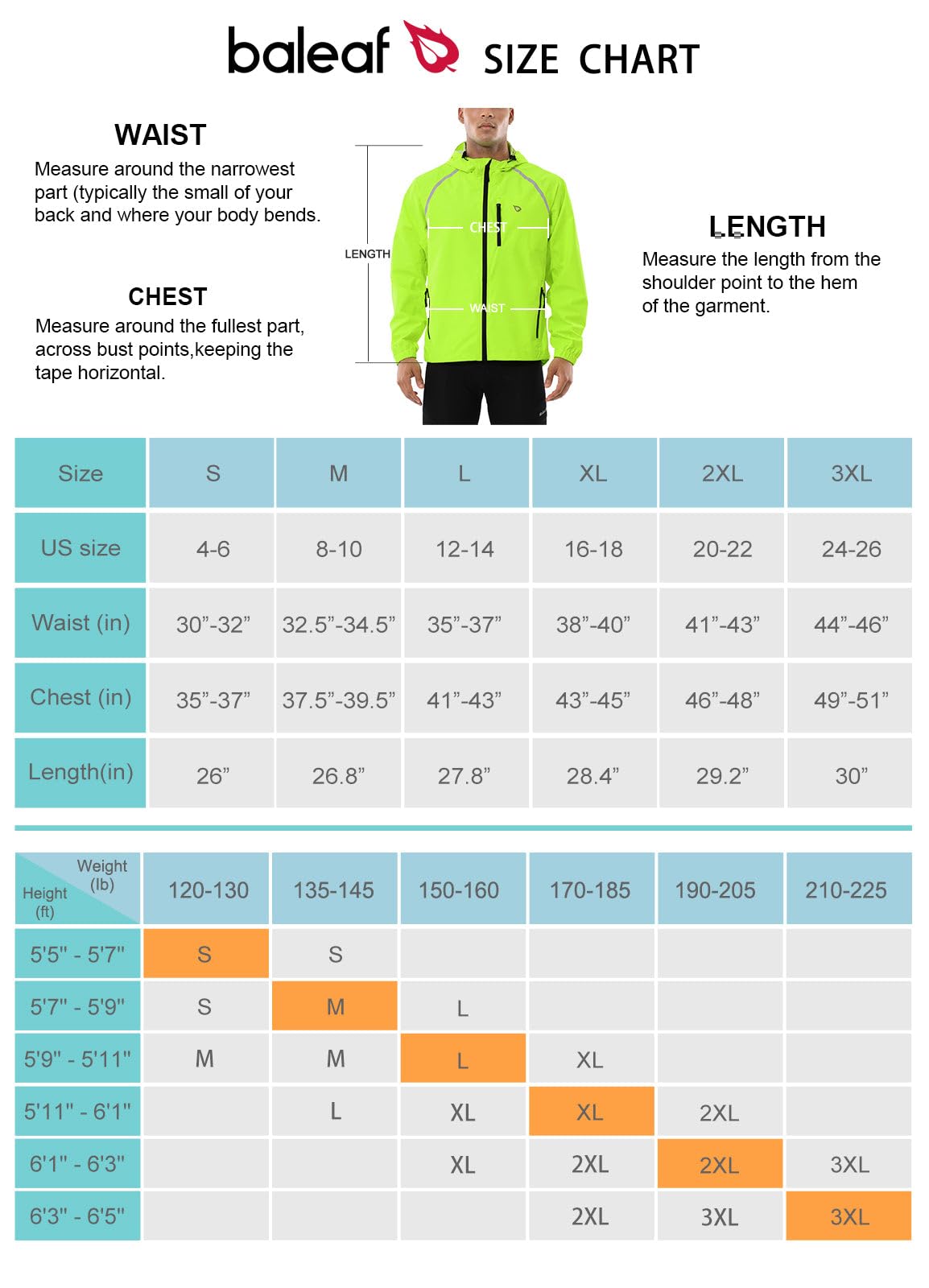 BALEAF Men's Rain Jacket Waterproof Windbreaker Running Cycling Golf Hiking Gear Hood Lightweight Reflective Packable