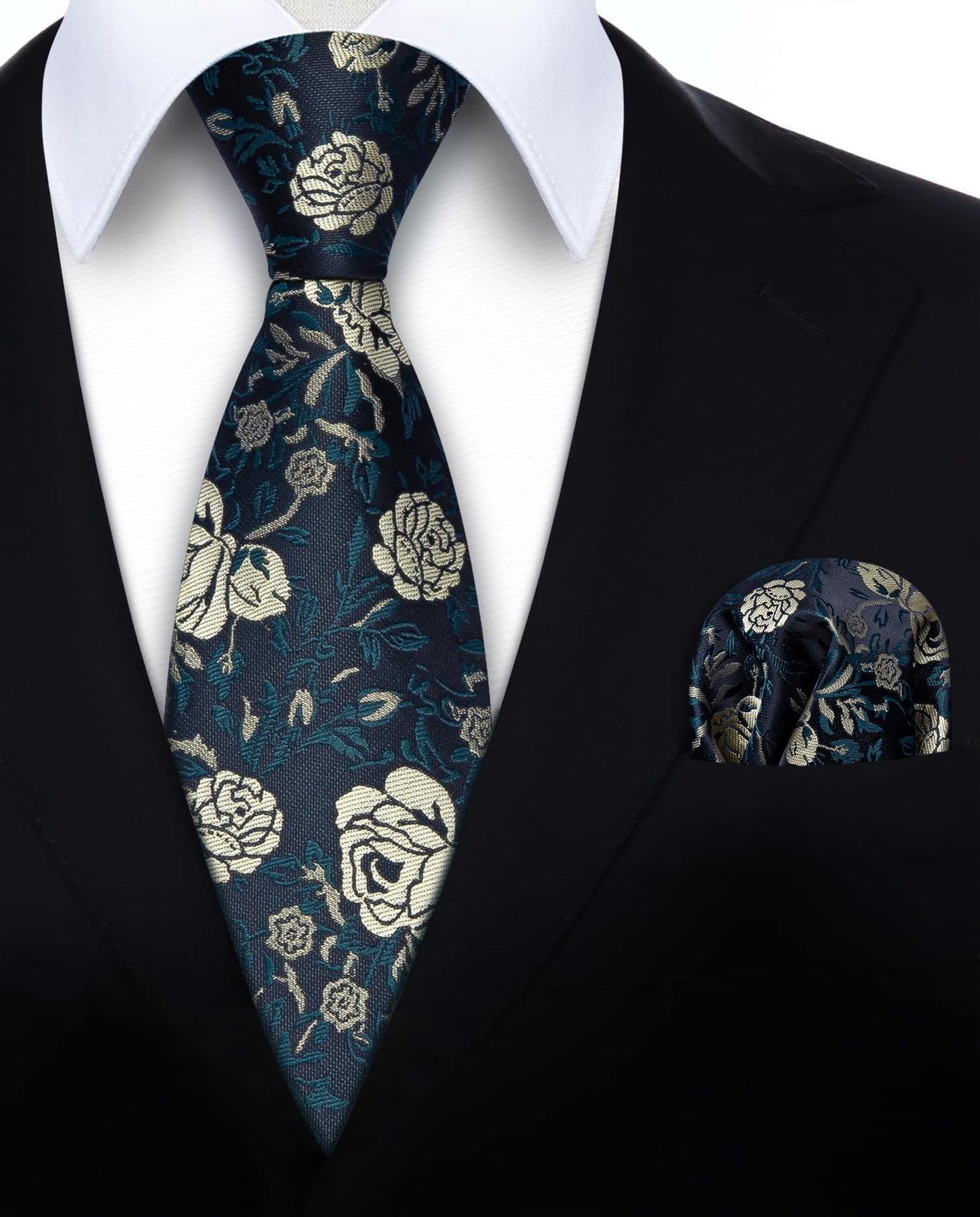 HISDERN Men Floral Ties Woven Classic 3.4" Necktie Set Formal tie Pocket Square for Wedding with Handkerchief Gift Box