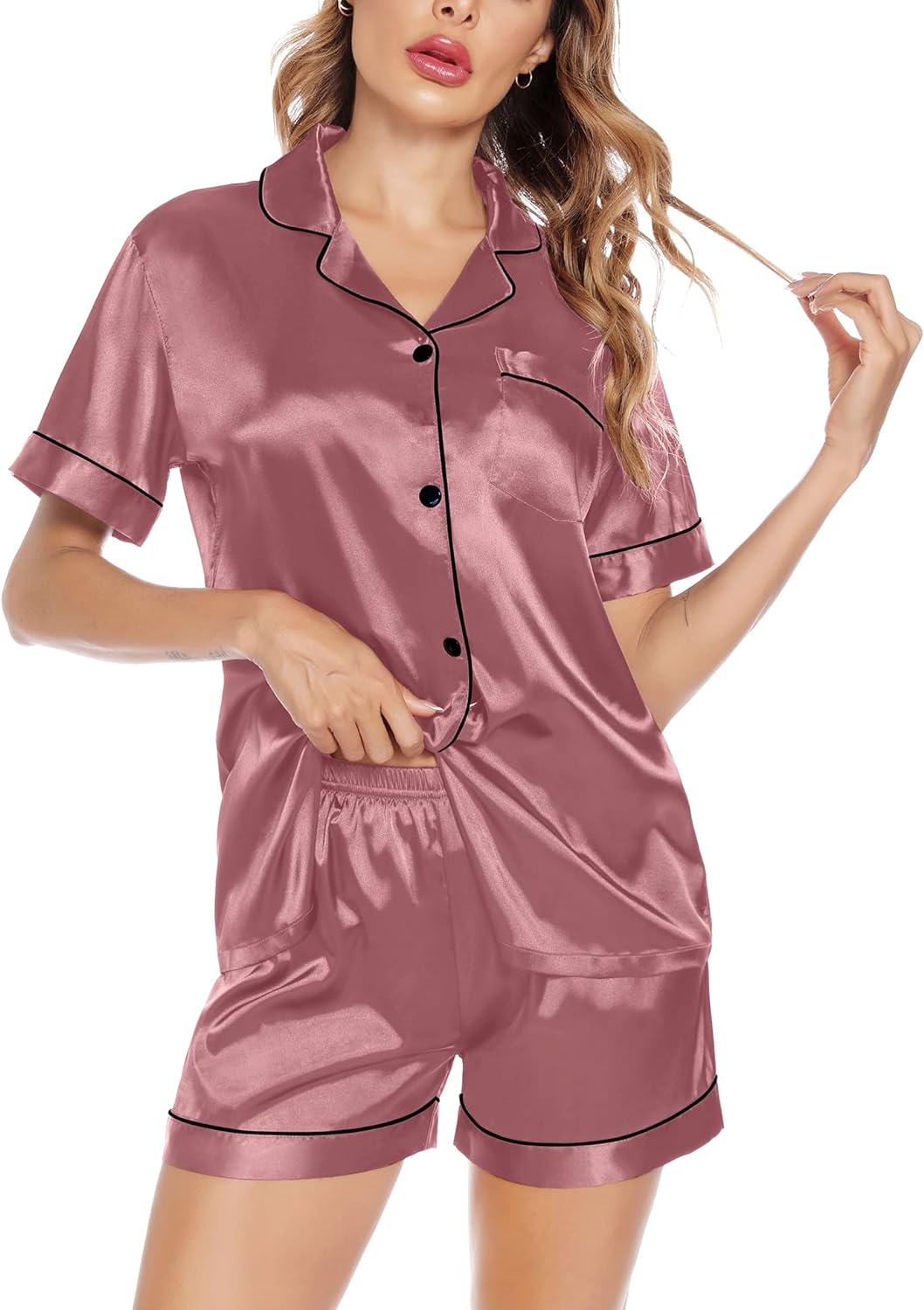 SWOMOG Satin Matching Pajamas Sets Couple Silk Button Down Nightwear Short Sleeve Sleepwear 2 Pieces Loungewear with Shorts