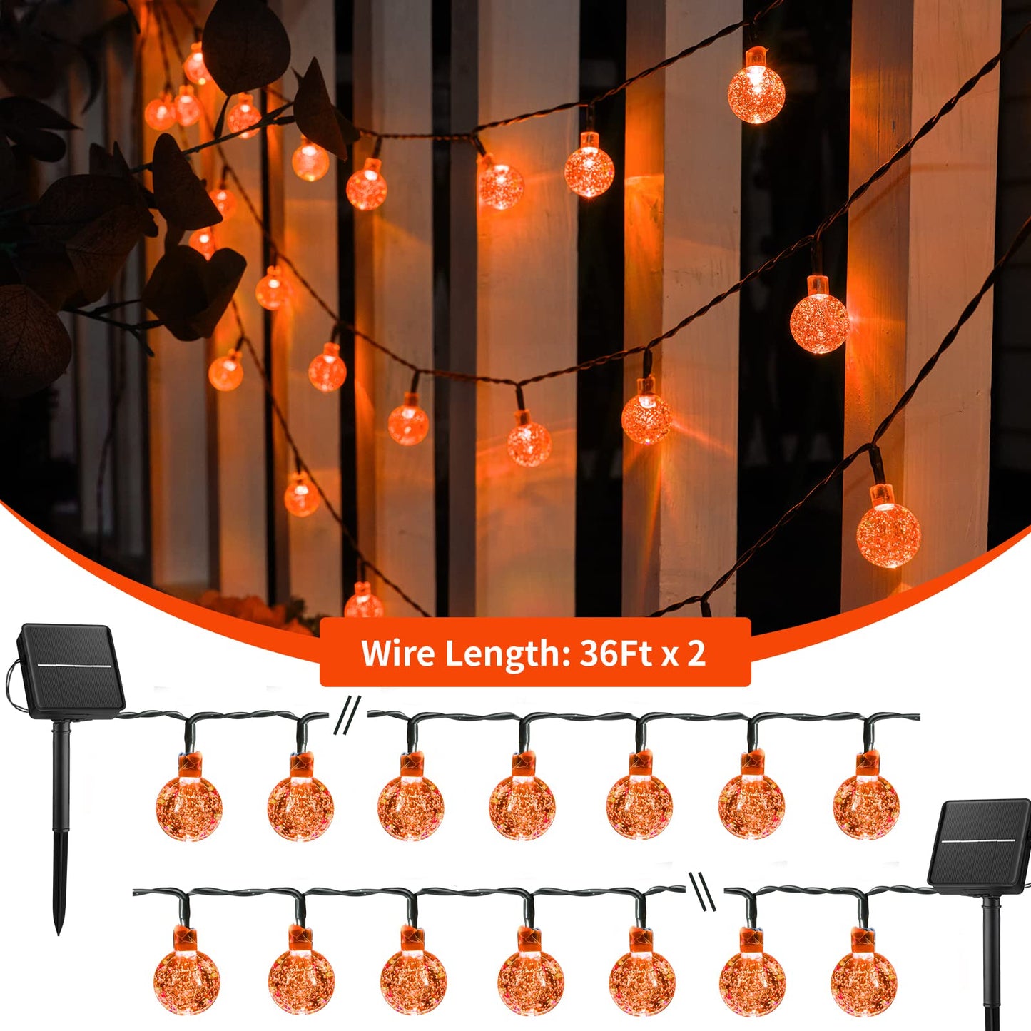 Solar String Lights Outdoor 60 LED 36FT Crystal Globe Lights with 8 Lighting Modes, Waterproof Solar Powered Patio Lights for Garden Yard Porch Wedding Party Decor (Warm White)