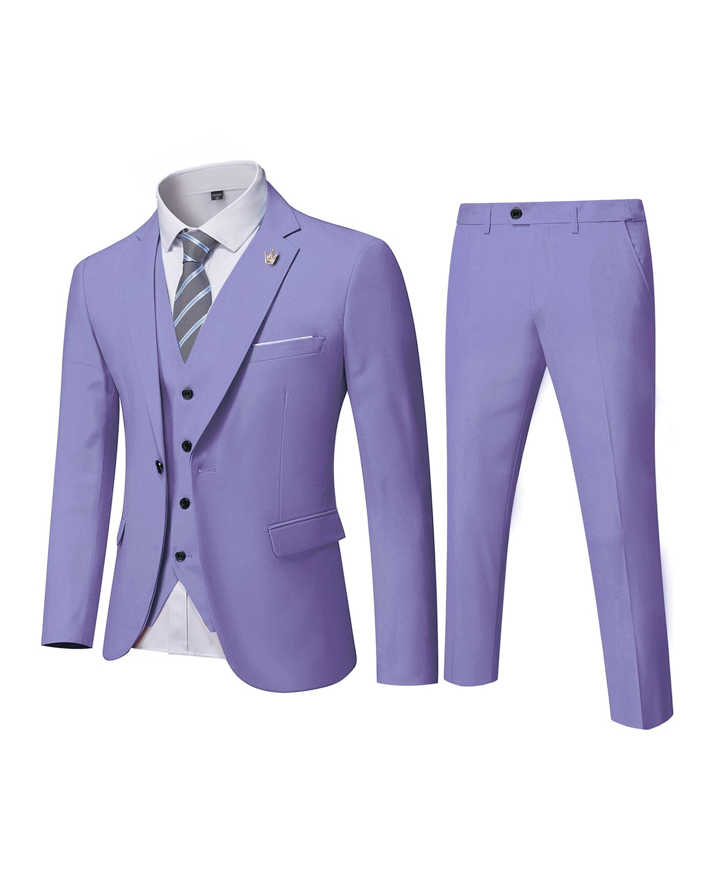 MYS Men's 3 Piece Slim Fit Suit Set, One Button Solid Jacket Vest Pants with Tie