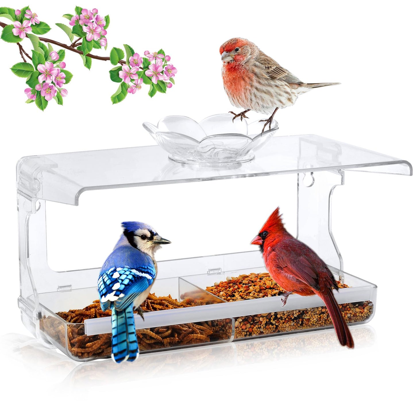 Window Bird Feeder with Non-Marking Self-Adhesive Hooks, Clear Window Bird Feeder for Outside, Transparent Bird House, Outdoor Bird Feeders, Wild Bird Watching Gift, Garden Decor