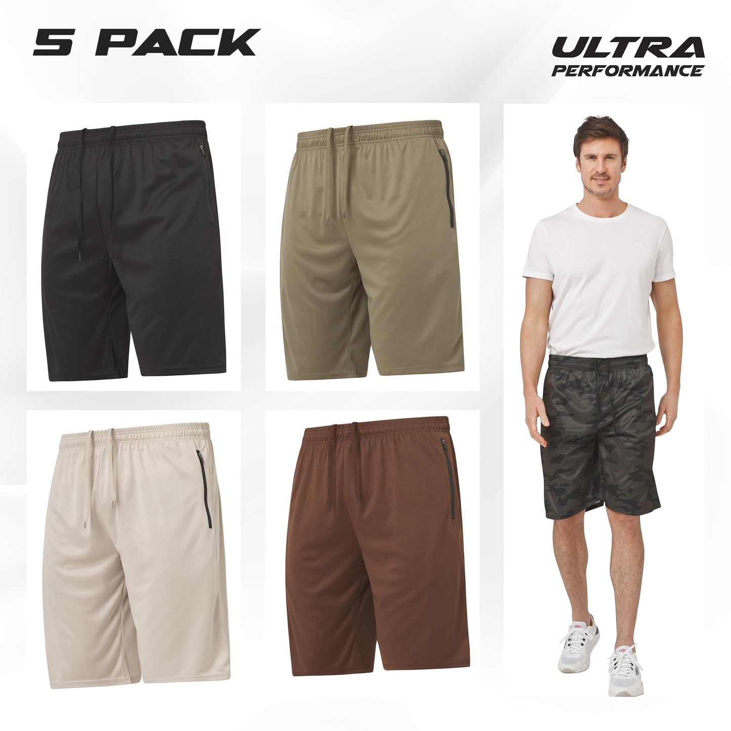 Ultra Performance Mens 5 Pack Athletic Running Shorts, Basketball Gym Workout Shorts for Men with Zippered Pockets