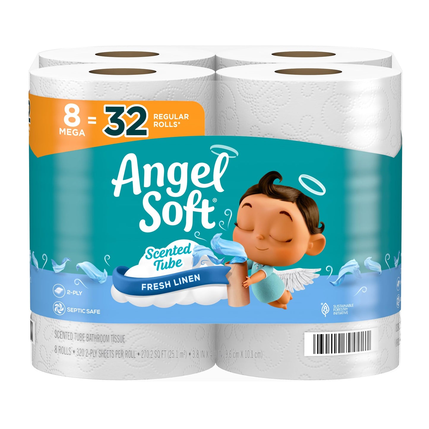 Angel Soft Toilet Paper with Fresh Linen Scented Tube, 8 Mega Rolls = 32 Regular Rolls, Soft and Strong Toilet Tissue