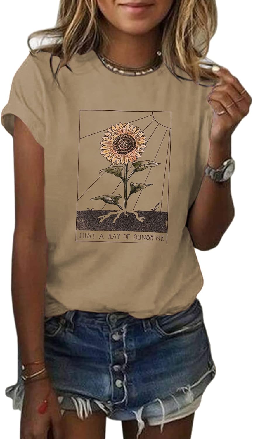 Anbech Womens Dandelion Graphic T-Shirts Teen Girls Cute Sunflower Trendy Clothes Casual Tee Tops