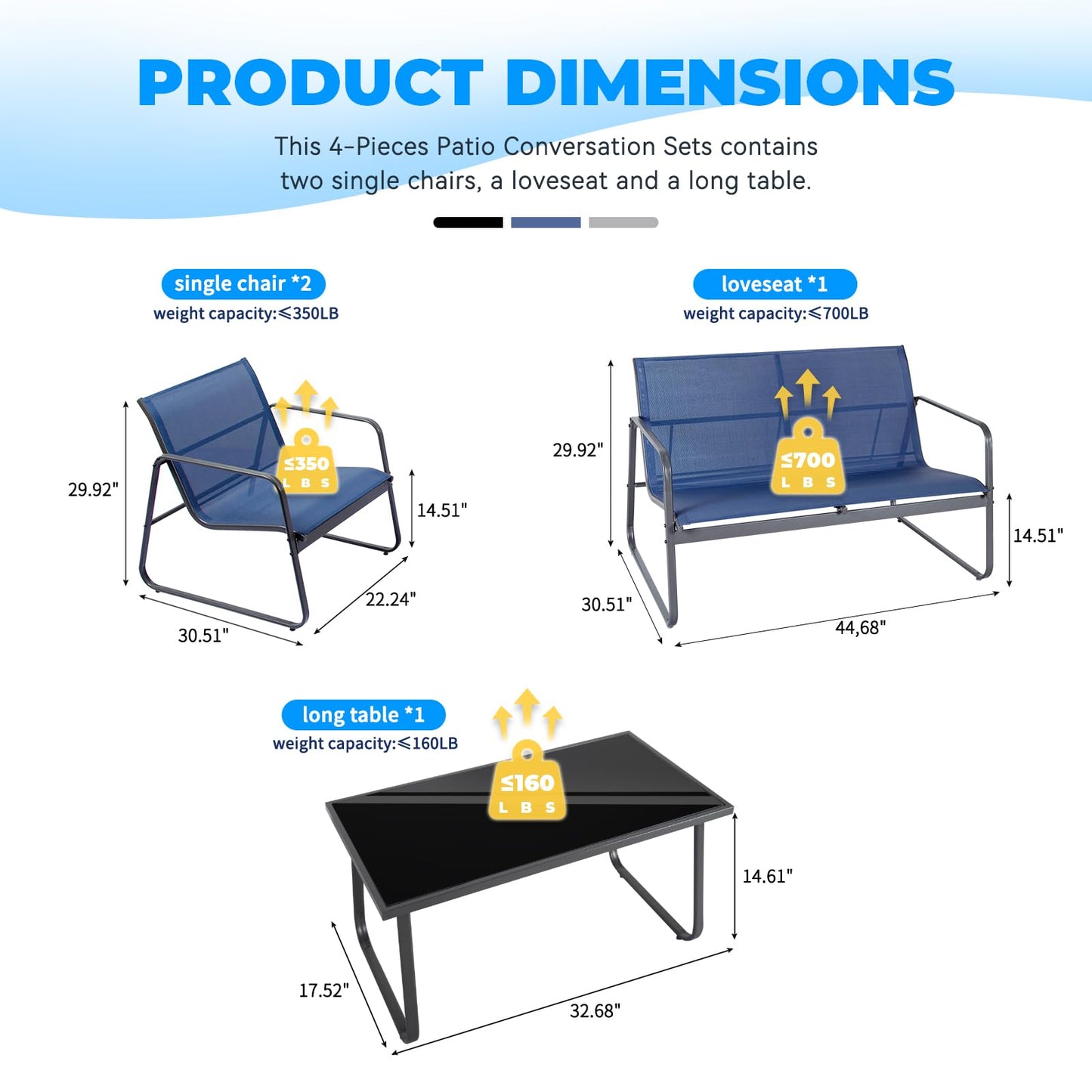 PAIQIAN 4 Pieces Patio Furniture Set Outdoor Garden Patio Conversation Sets Poolside Lawn Chairs with Tempered Glass Coffee Table Loveseat Porch Furniture Textilene Fabric Grey