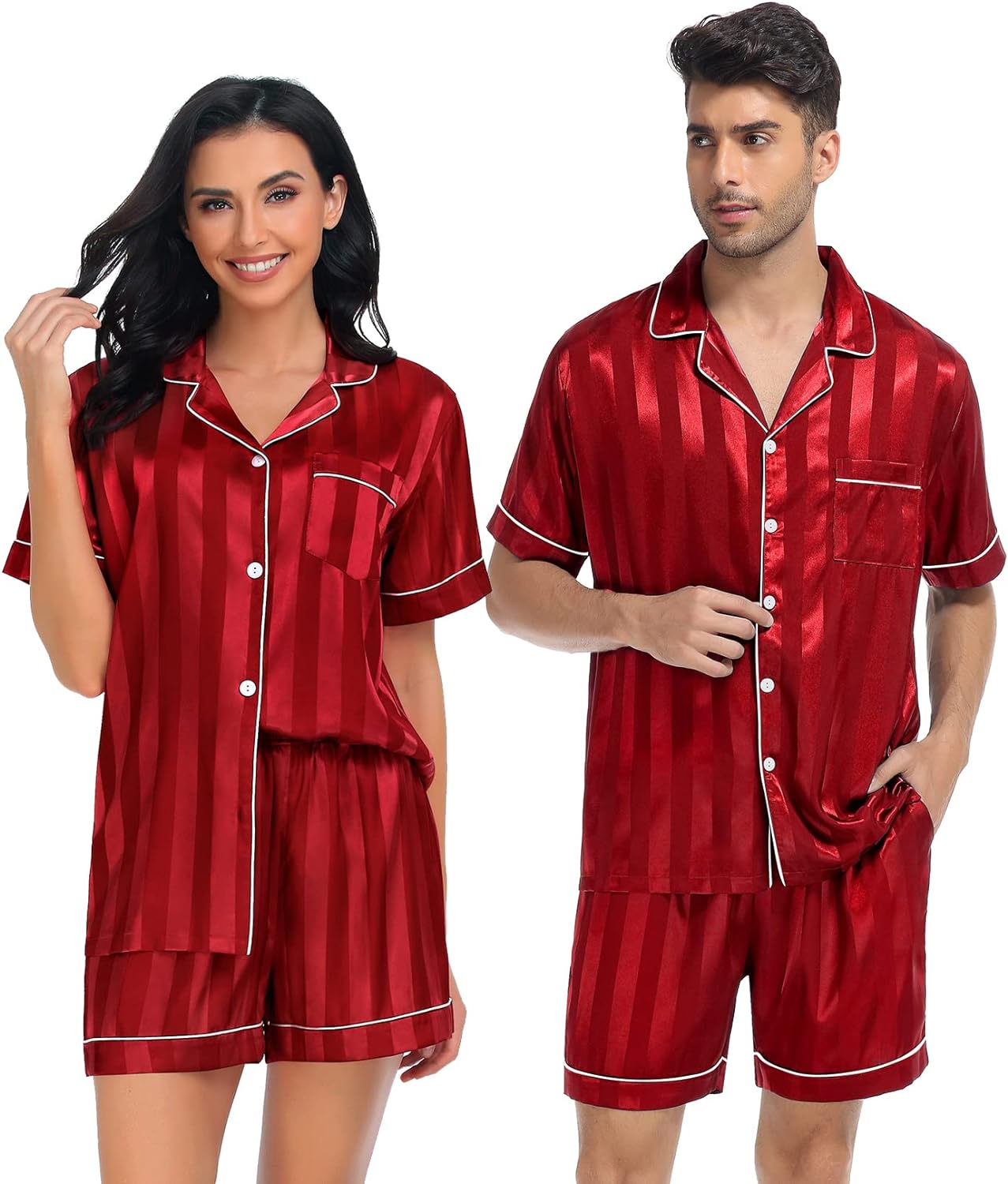 SWOMOG Satin Matching Pajamas Sets Couple Silk Button Down Nightwear Short Sleeve Sleepwear 2 Pieces Loungewear with Shorts