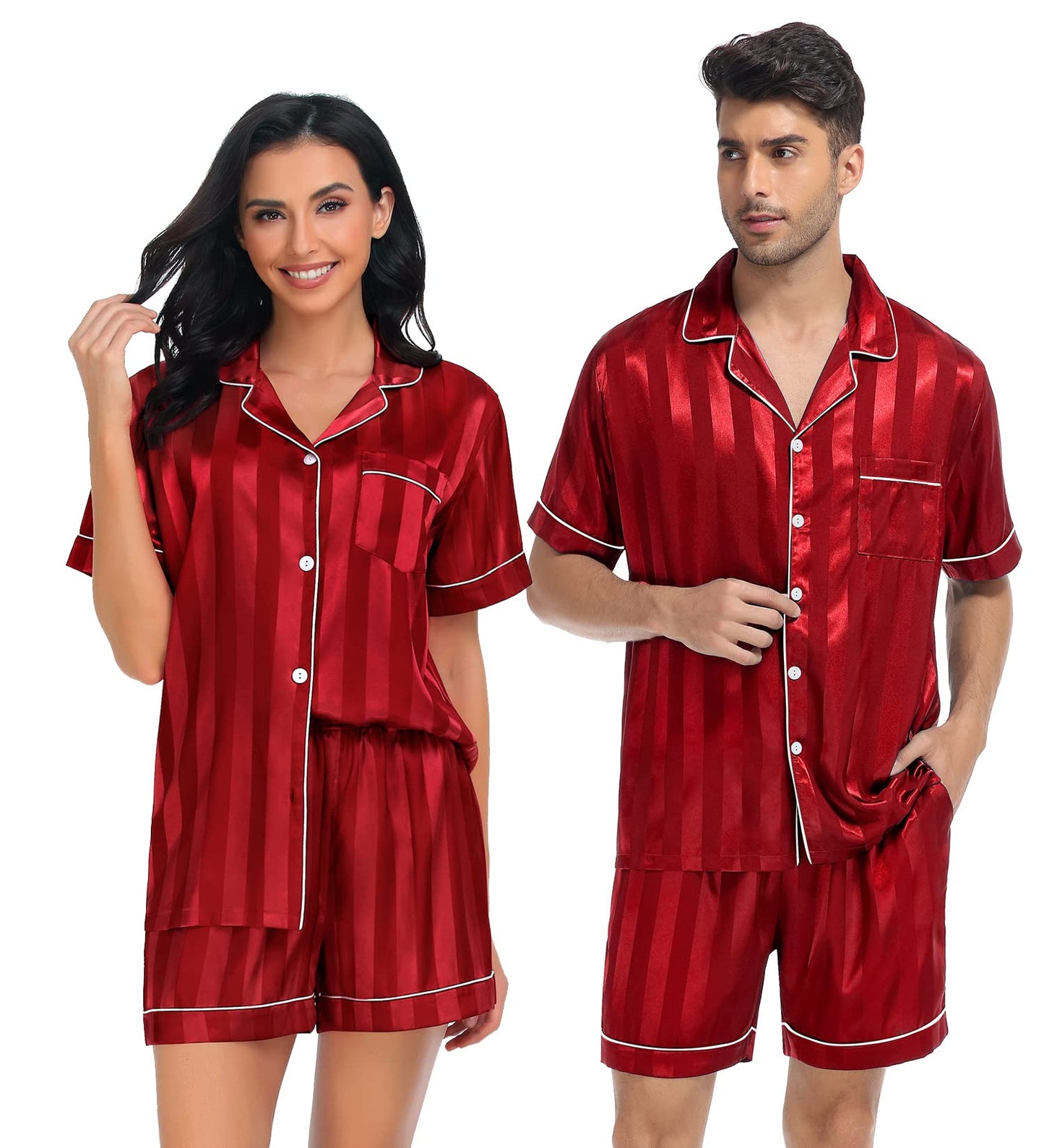 SWOMOG Satin Matching Pajamas Sets Couple Silk Button Down Nightwear Short Sleeve Sleepwear 2 Pieces Loungewear with Shorts