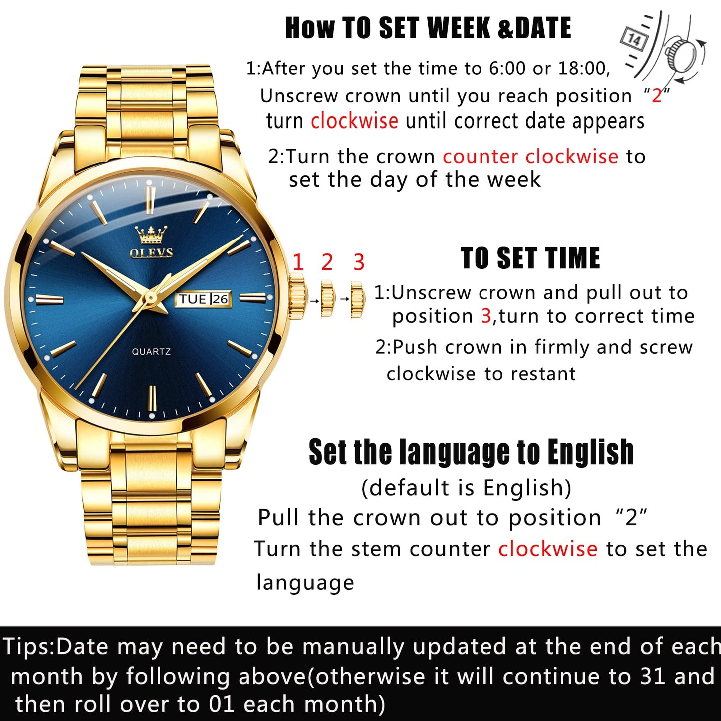 OLEVS Classic Men Watches with Date,Stainless Steel Man Watch with Date, Bussiness Watches for Men,Luminous Quartz Mens Watches Black/White/Blue/Gold, Waterproof Male Watch with Week