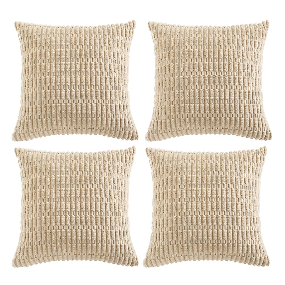 Fancy Homi 4 Packs Neutral Decorative Throw Pillow Covers 18x18 Inch for Living Room Couch Bed Sofa, Rustic Farmhouse Boho Home Decor, Soft Plush Striped Corduroy Square Cushion Case 45x45 cm