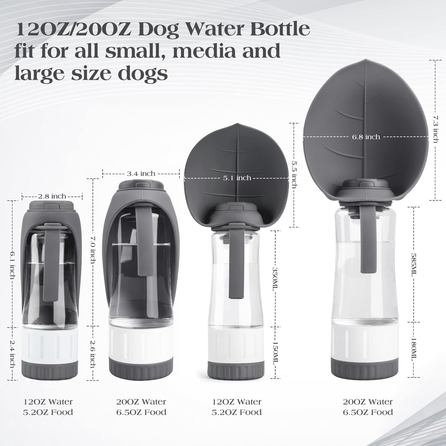 Upgraded Dog Water Bottle, Portable Dog Cat Puppy Pet Water Dispenser Feeder with Drinking Cup and Food Container Leak Proof for Outdoor Walking, Travel, Hiking 12OZ