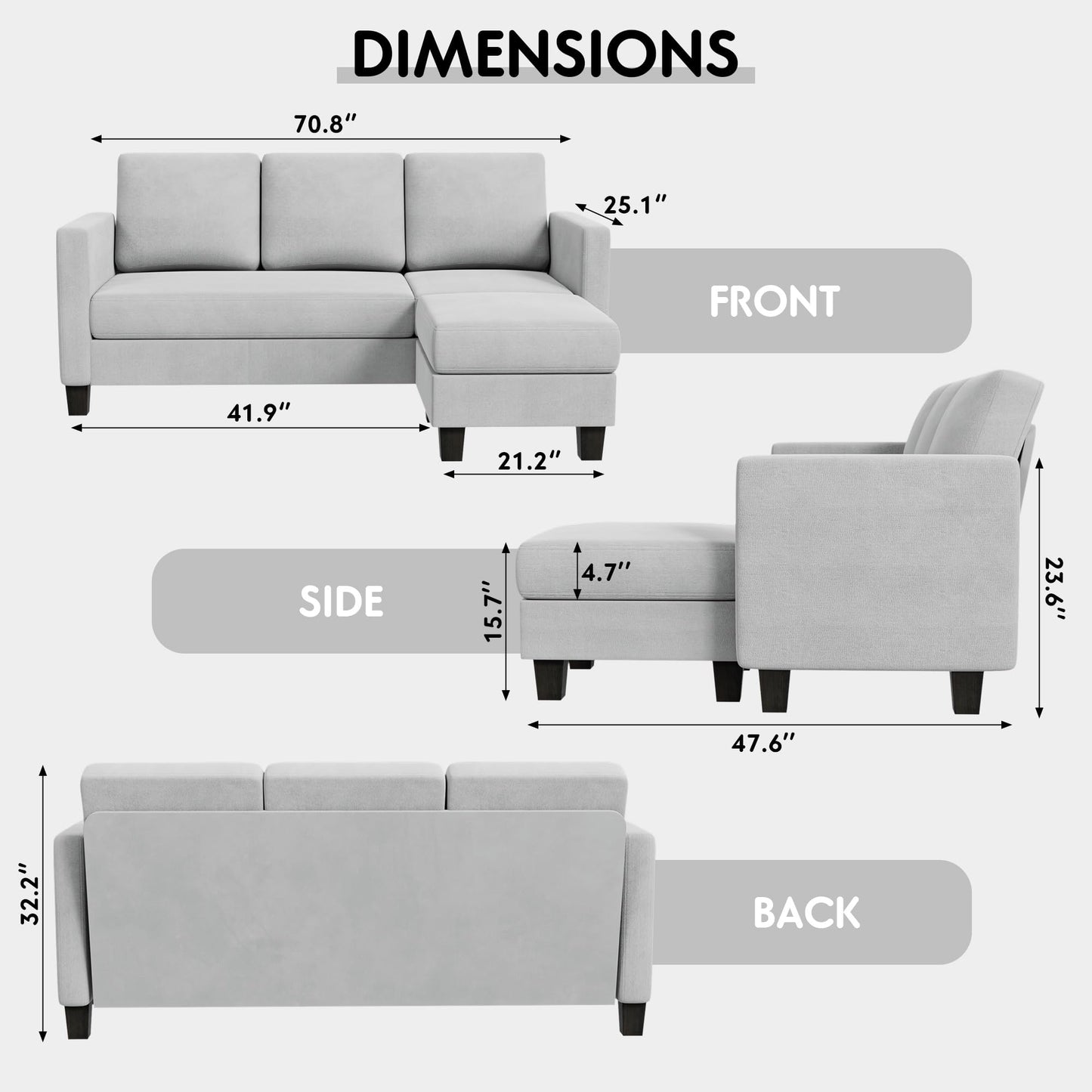 YESHOMY Convertible Sectional 3 L-Shaped Couch Soft Seat with Modern Linen Fabric, Space-Saving Sofas for Living Room, Apartment and Office, 70'', Dark Gray