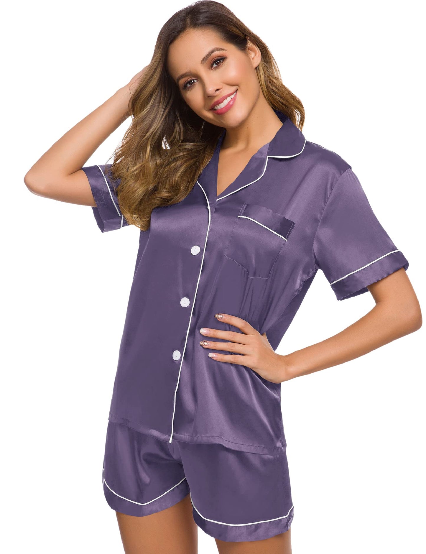 SWOMOG Womens Silk Satin Pajamas Set Two-piece Pj Sets Sleepwear Loungewear Button-Down Pj Sets