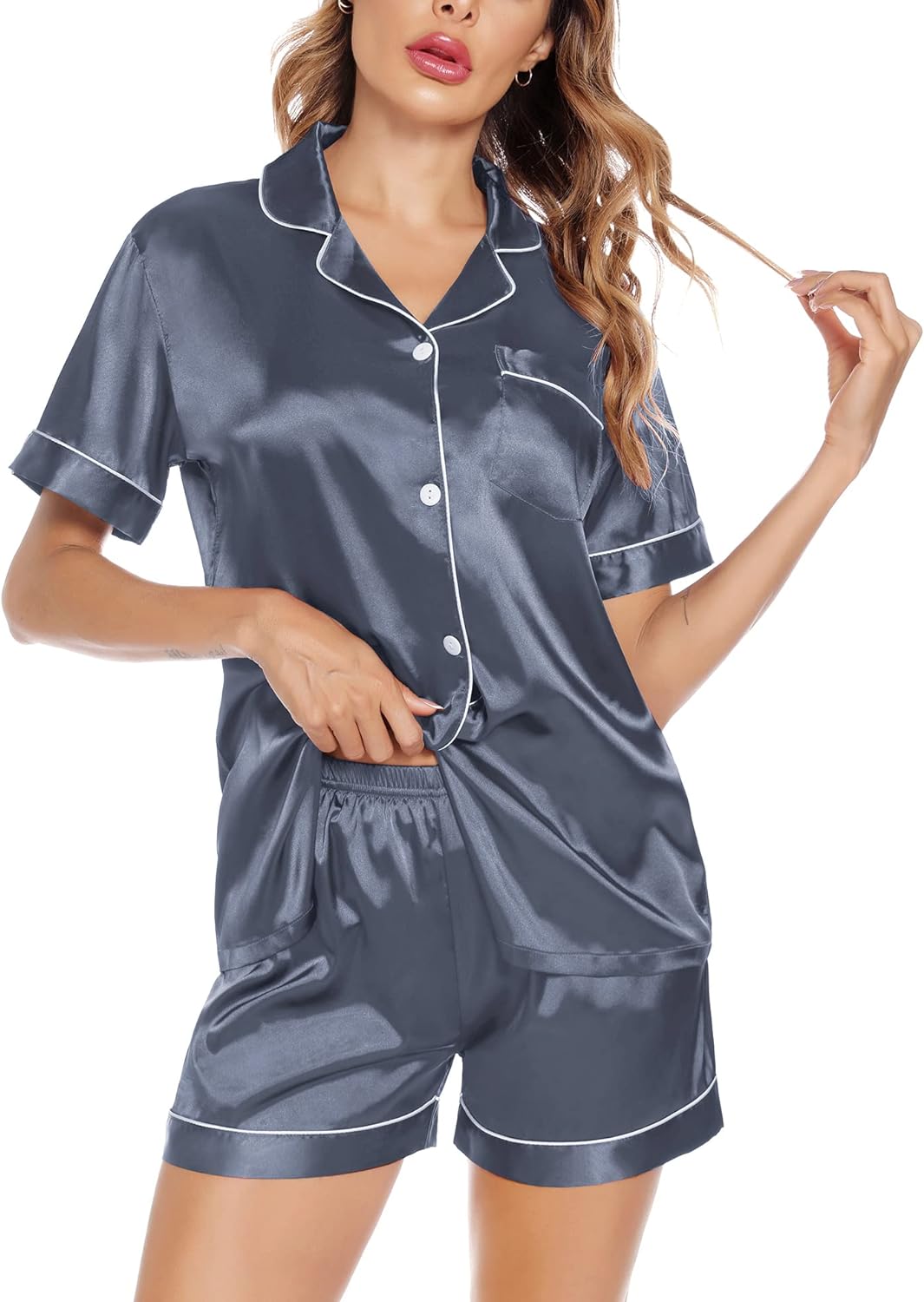 SWOMOG Satin Matching Pajamas Sets Couple Silk Button Down Nightwear Short Sleeve Sleepwear 2 Pieces Loungewear with Shorts