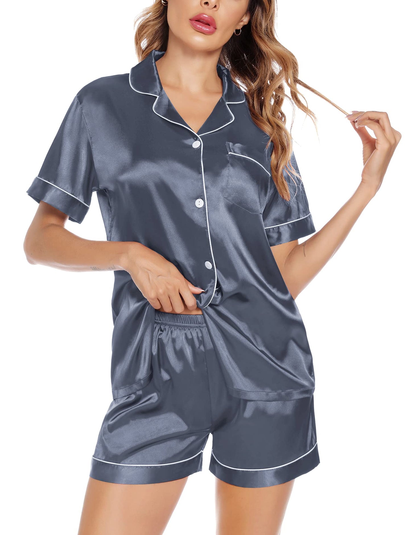 SWOMOG Satin Matching Pajamas Sets Couple Silk Button Down Nightwear Short Sleeve Sleepwear 2 Pieces Loungewear with Shorts