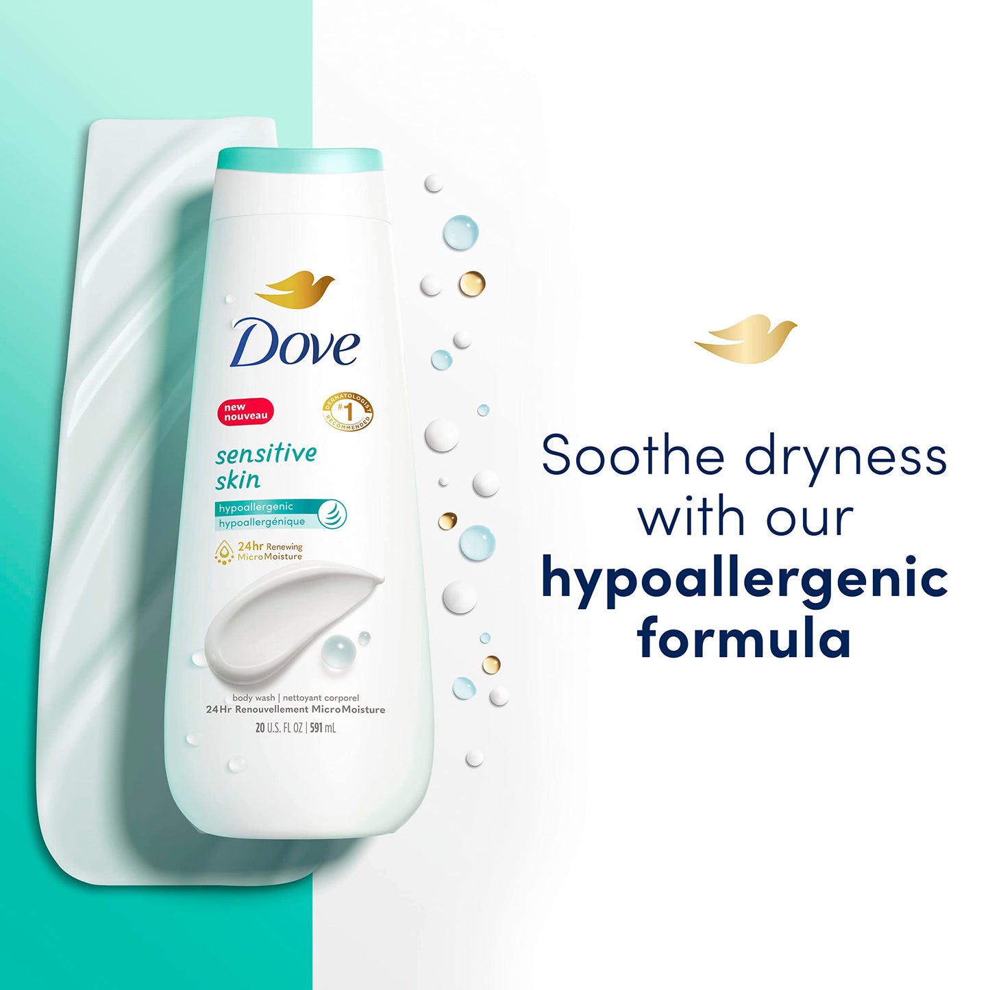 Dove Body Wash with Pump Sensitive Skin Hypoallergenic, Paraben-Free, Sulfate-Free, Cruelty-Free, Moisturizing Skin Cleanser Effectively Washes Away Bacteria While Nourishing Skin 30.6 oz