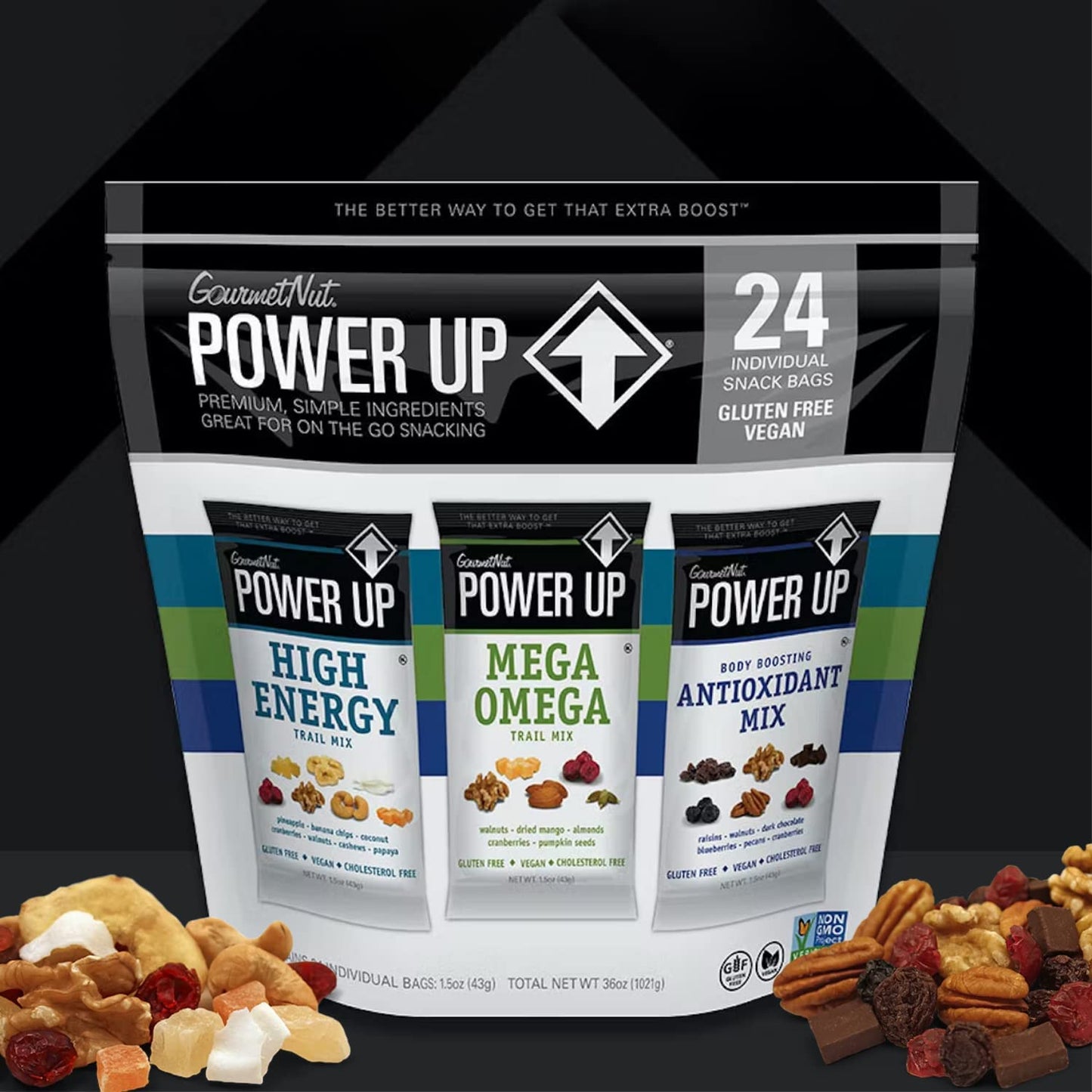 Power Up Premium Trail Mix - Mega Omega Trail Mix 14oz, Gluten Free, Vegan, Non-GMO