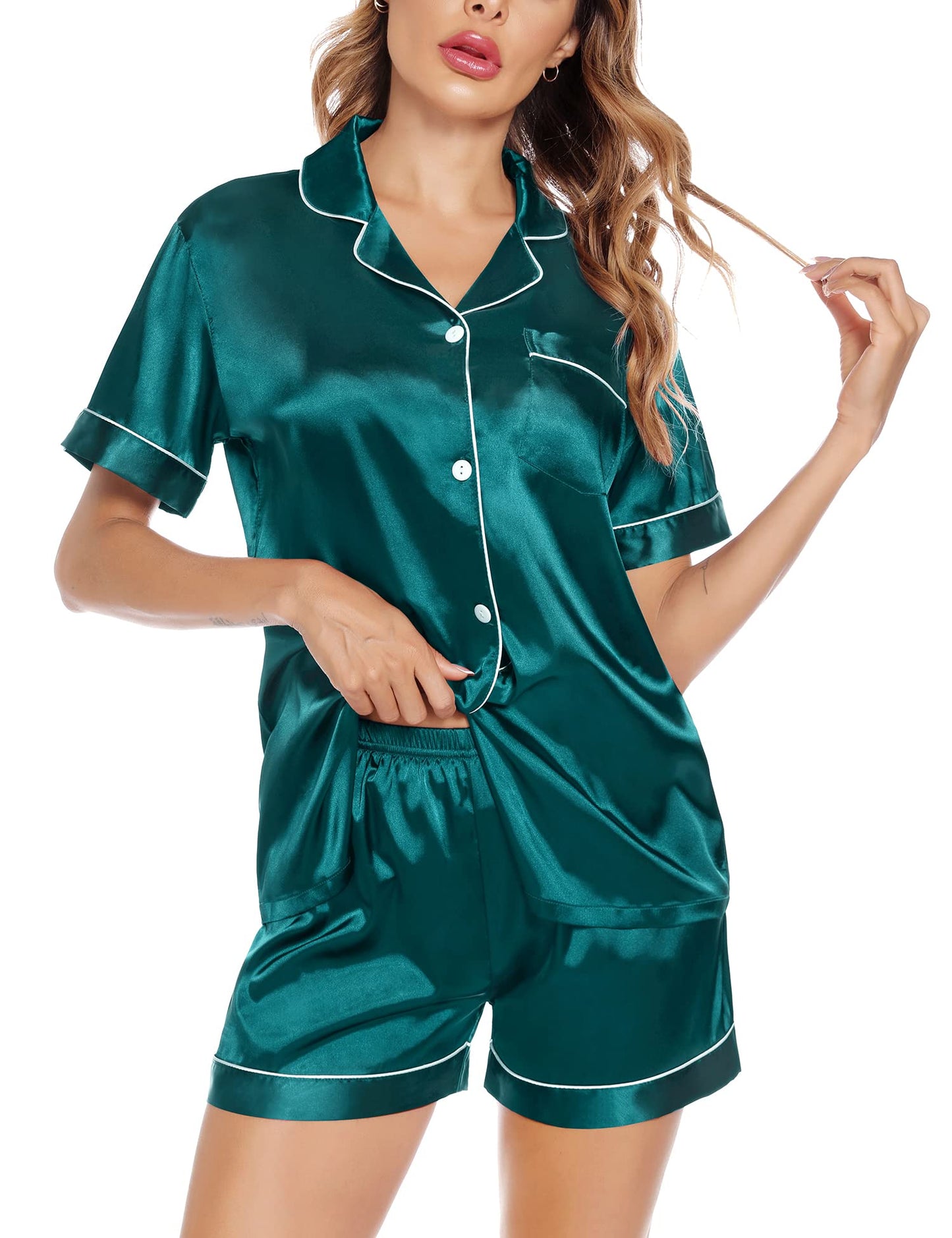 SWOMOG Satin Matching Pajamas Sets Couple Silk Button Down Nightwear Short Sleeve Sleepwear 2 Pieces Loungewear with Shorts