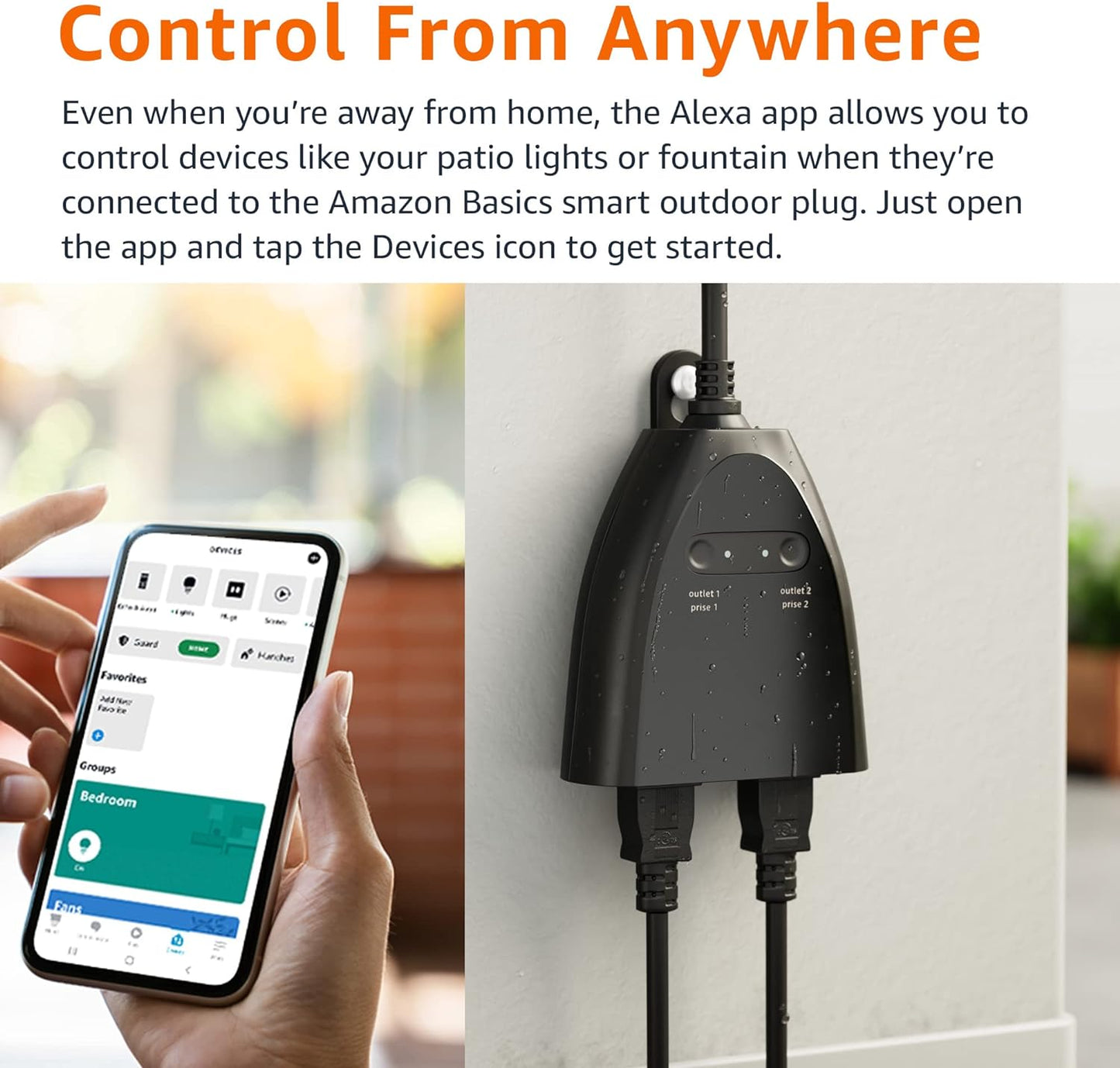 Amazon Basics Outdoor Smart Plug with 2 Individually Controlled Outlets, 2.4 GHz Wi-Fi, Works with Alexa Only, Black, 3.72 x 1.81 x 4.94 inches