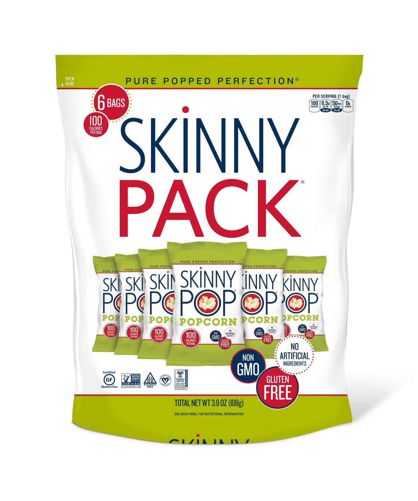 SkinnyPop Popcorn, Gluten Free, Dairy Free, Non-GMO, Healthy Snacks, Skinny Pop Original Popcorn Snack Packs, 0.65oz Individual Size Snack Bags (6 Count) (Packaging May Vary)