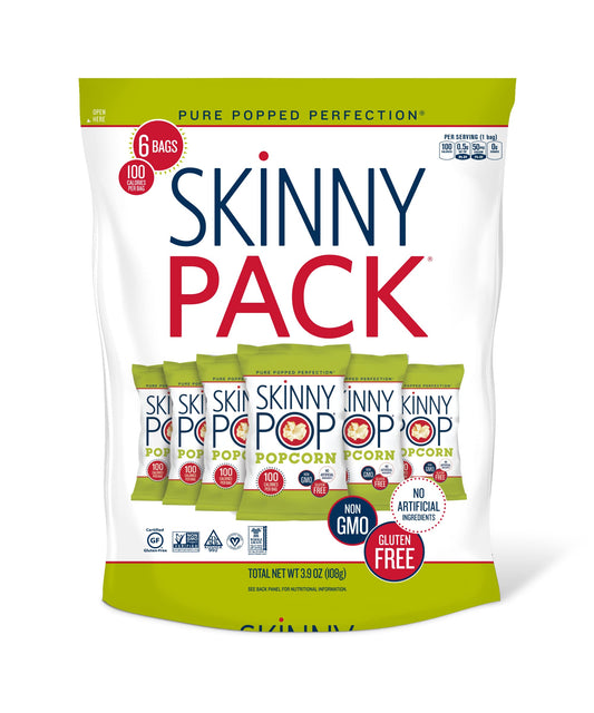 SkinnyPop Popcorn, Gluten Free, Dairy Free, Non-GMO, Healthy Snacks, Skinny Pop Original Popcorn Snack Packs, 0.65oz Individual Size Snack Bags (6 Count) (Packaging May Vary)