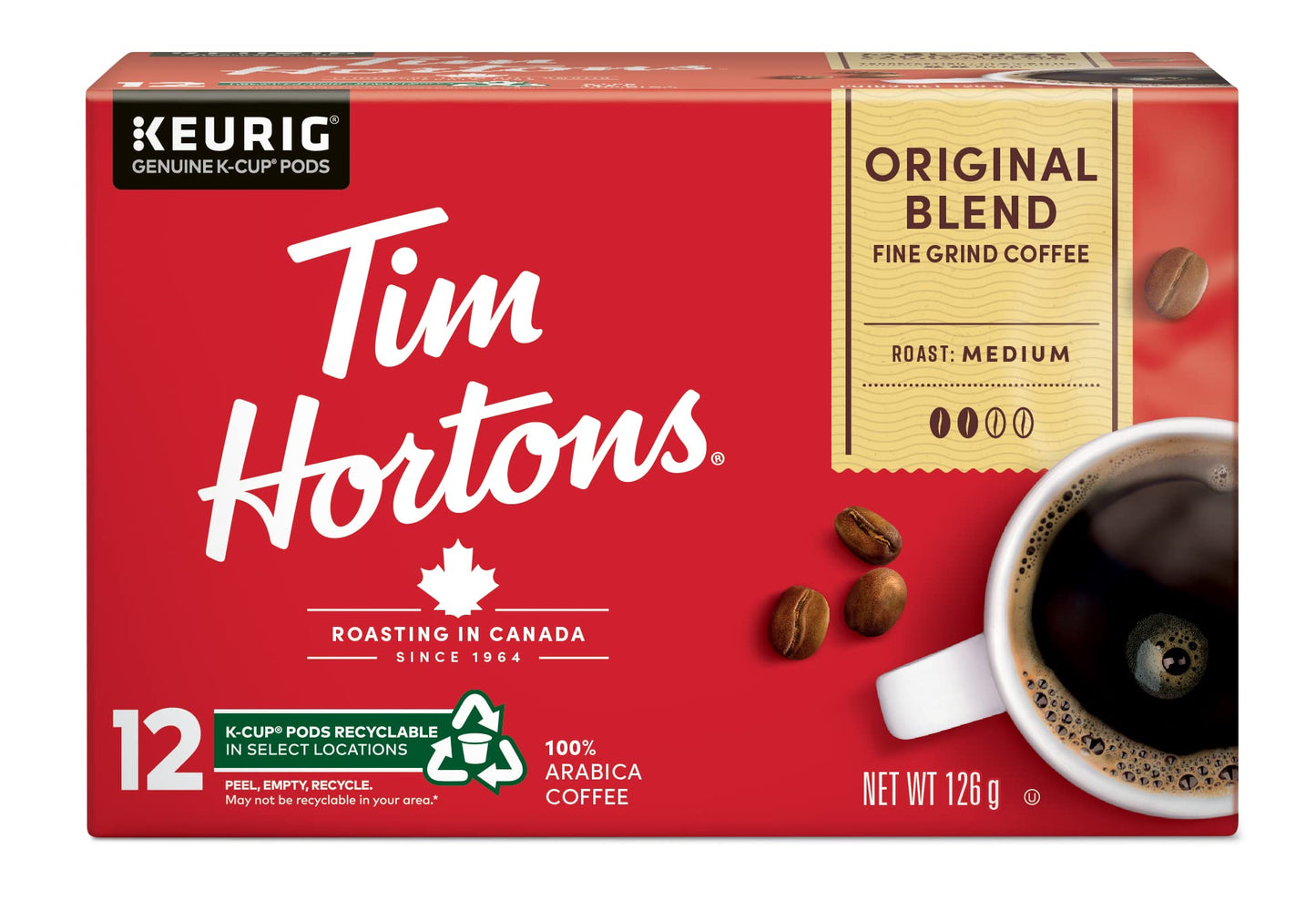 Tim Hortons Original Blend, Medium Roast Coffee, Single-Serve K-Cup Pods Compatible with Keurig Brewers, 72ct K-Cups, 12 Count (Pack of 6)