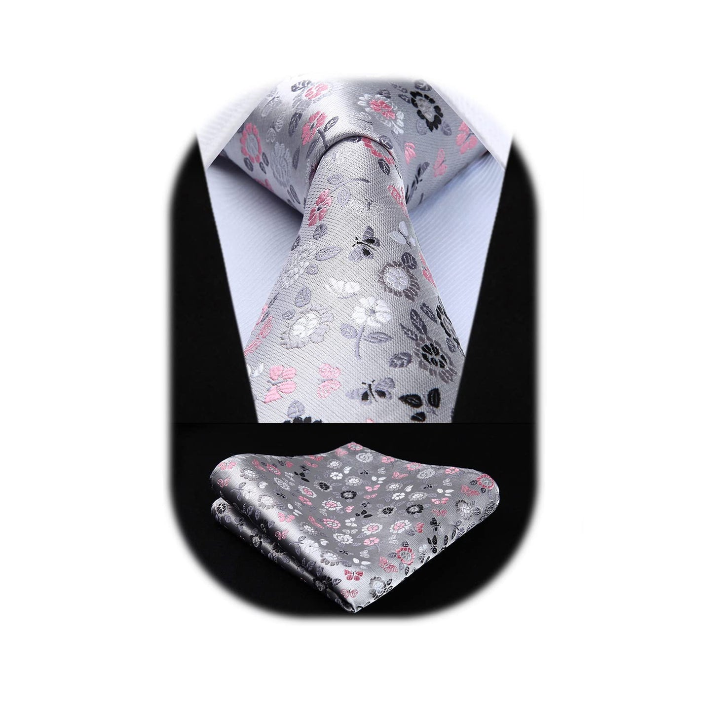 HISDERN Men Floral Ties Woven Classic 3.4" Necktie Set Formal tie Pocket Square for Wedding with Handkerchief Gift Box