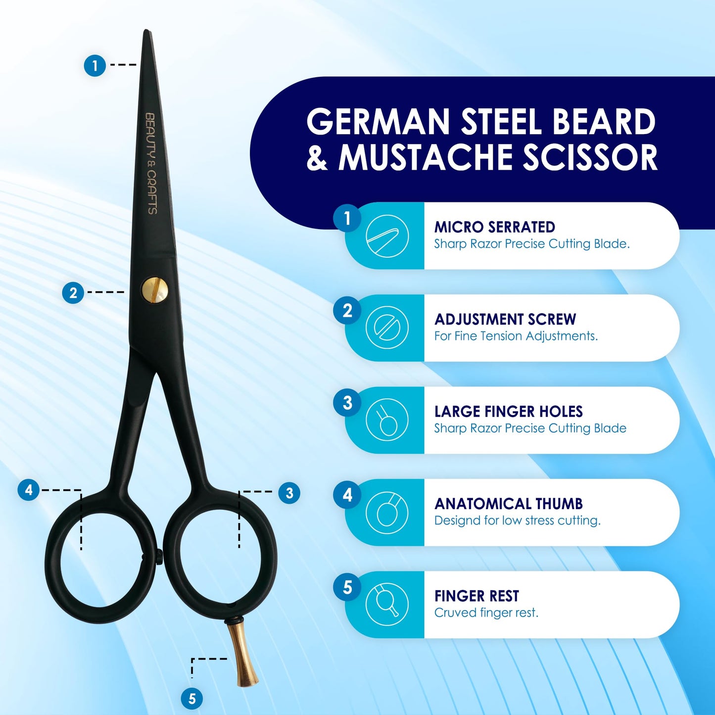 Beauty & Crafts- 5'' German Beard Mustache Scissor- 2 Mustache Combs for Facial Hair with Beautiful Pouch - Beard Trimming Scissors Use for Grooming, Cutting, and Styling of Mustache (Black)