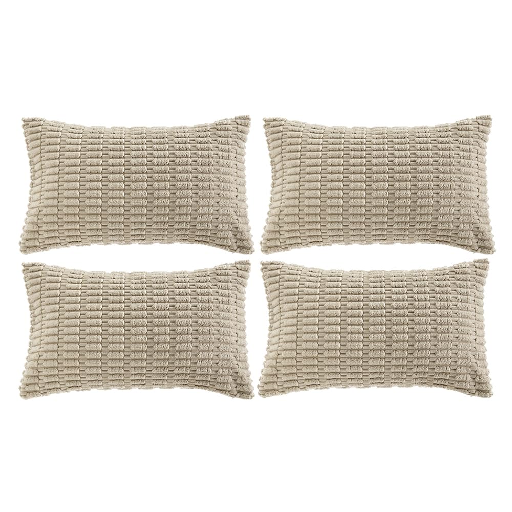 Fancy Homi 4 Packs Neutral Decorative Throw Pillow Covers 18x18 Inch for Living Room Couch Bed Sofa, Rustic Farmhouse Boho Home Decor, Soft Plush Striped Corduroy Square Cushion Case 45x45 cm