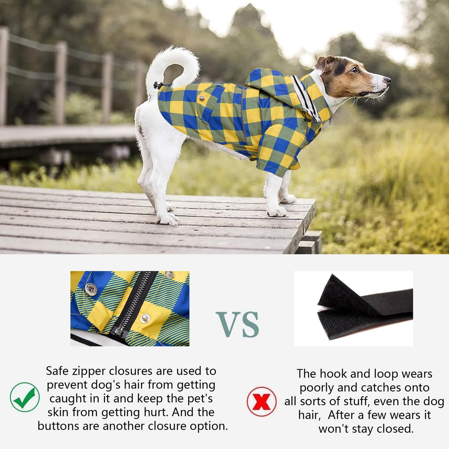 Dog Zip Up Dog Raincoat with Reflective Buttons, Rain/Water Resistant, Adjustable Drawstring, Removable Hood, Dog Raincoats with Legs 8lbs to 80lbs Available Yellow M