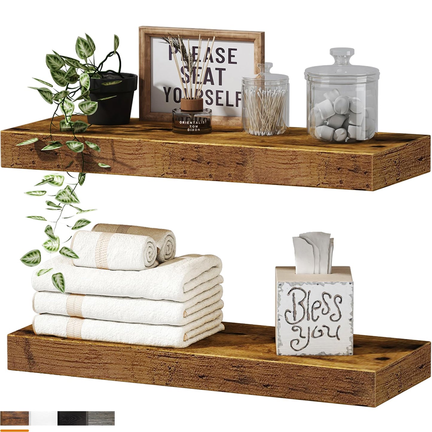 QEEIG Bathroom Shelves Floating Shelves for Wall Shelf Over Toilet Small Wall Mounted Farmhouse Decor 16 inch Set of 2, Rustic Brown (008-40BN)