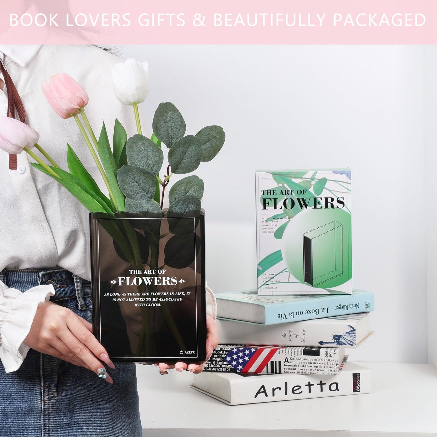 Book Vase for Flowers, Book Lovers Gifts, Aesthetic Room Decor Cute Flower Vase & Must-Have for Home, Bookshelf, Bedroom & Office Decor for Women & Teacher Gift - Like Mothers Day (Clear)