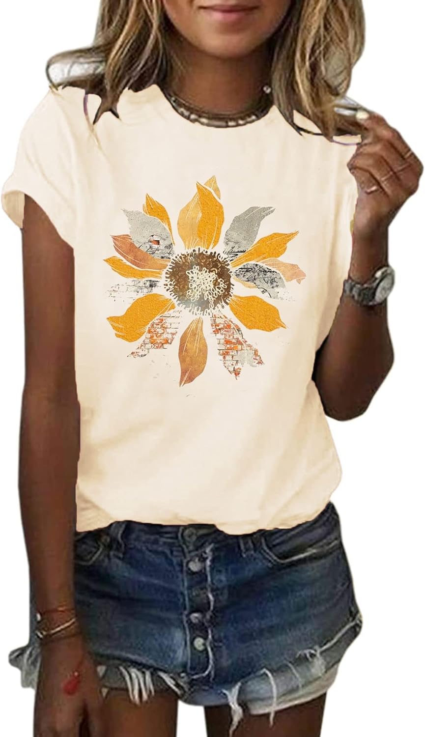 Anbech Womens Dandelion Graphic T-Shirts Teen Girls Cute Sunflower Trendy Clothes Casual Tee Tops