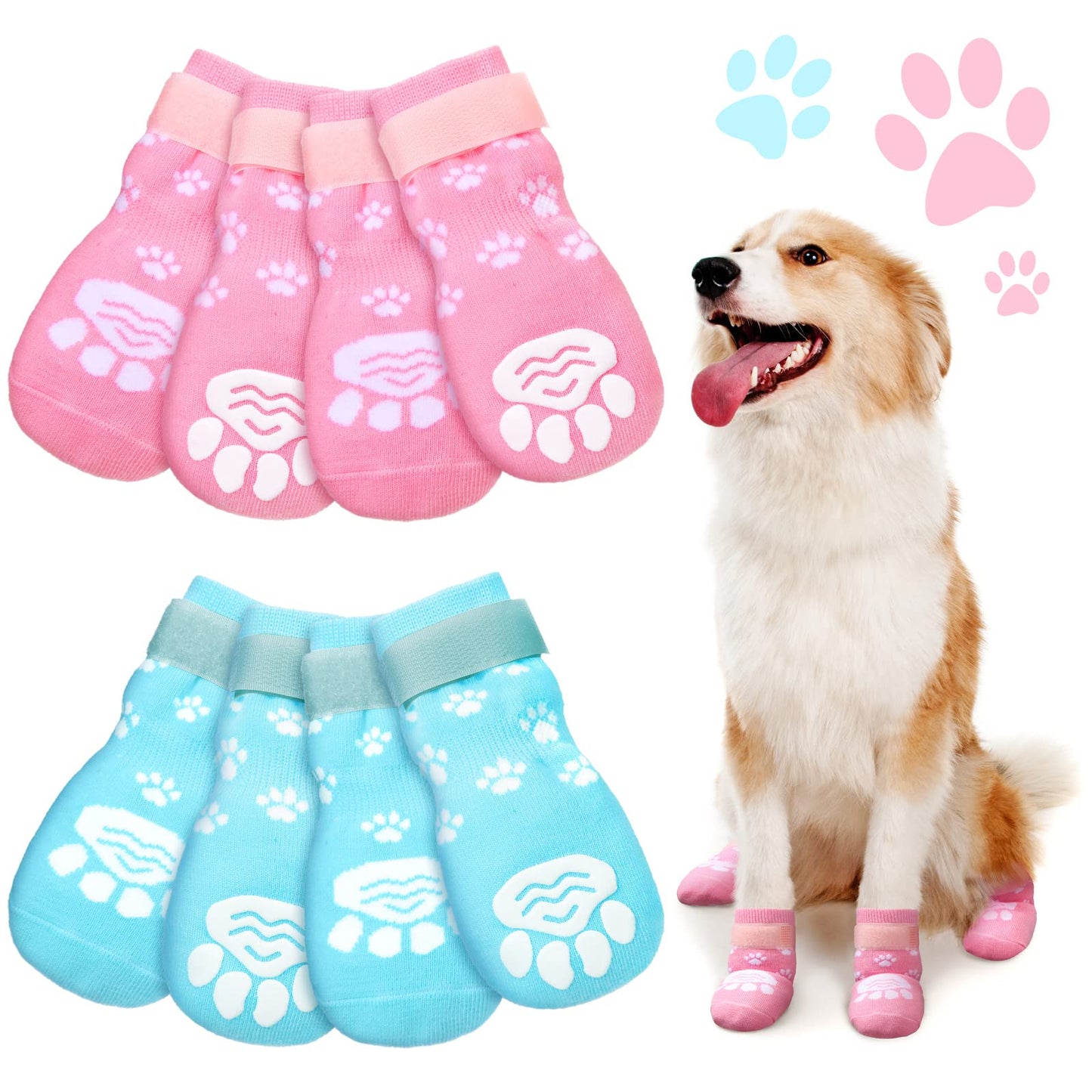 8 Pieces Anti Slip Dog Socks Non-Slip Dog Socks with Adjustable Strap Traction Control for Indoor on Hardwood Floor Wear (XS)