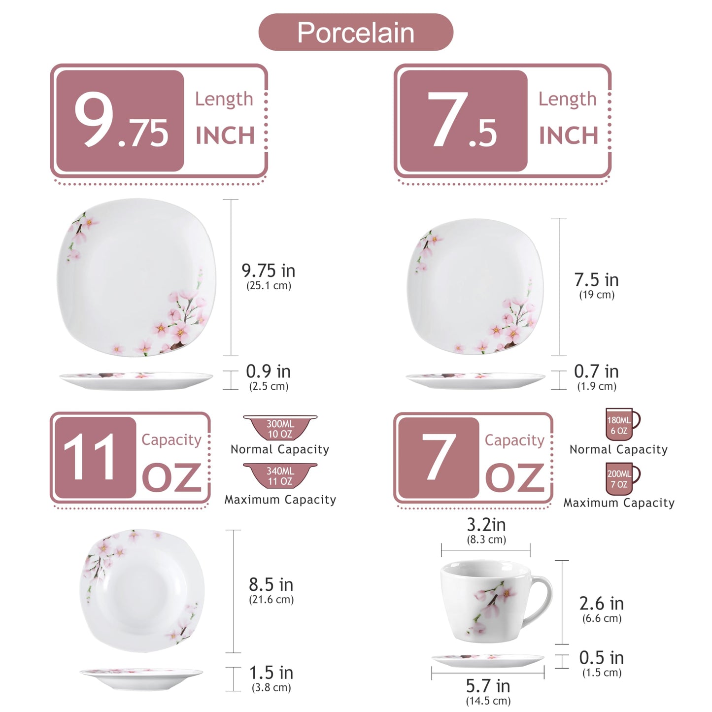 VEWEET, Series Annie, Porcelain Dinnerware Sets for 6, White Dish Set with Pink Floral, 30 PCS Dinner Sets Including Dinner Plates, Dessert Plates, Soup Plates Set, Cups & Saucers