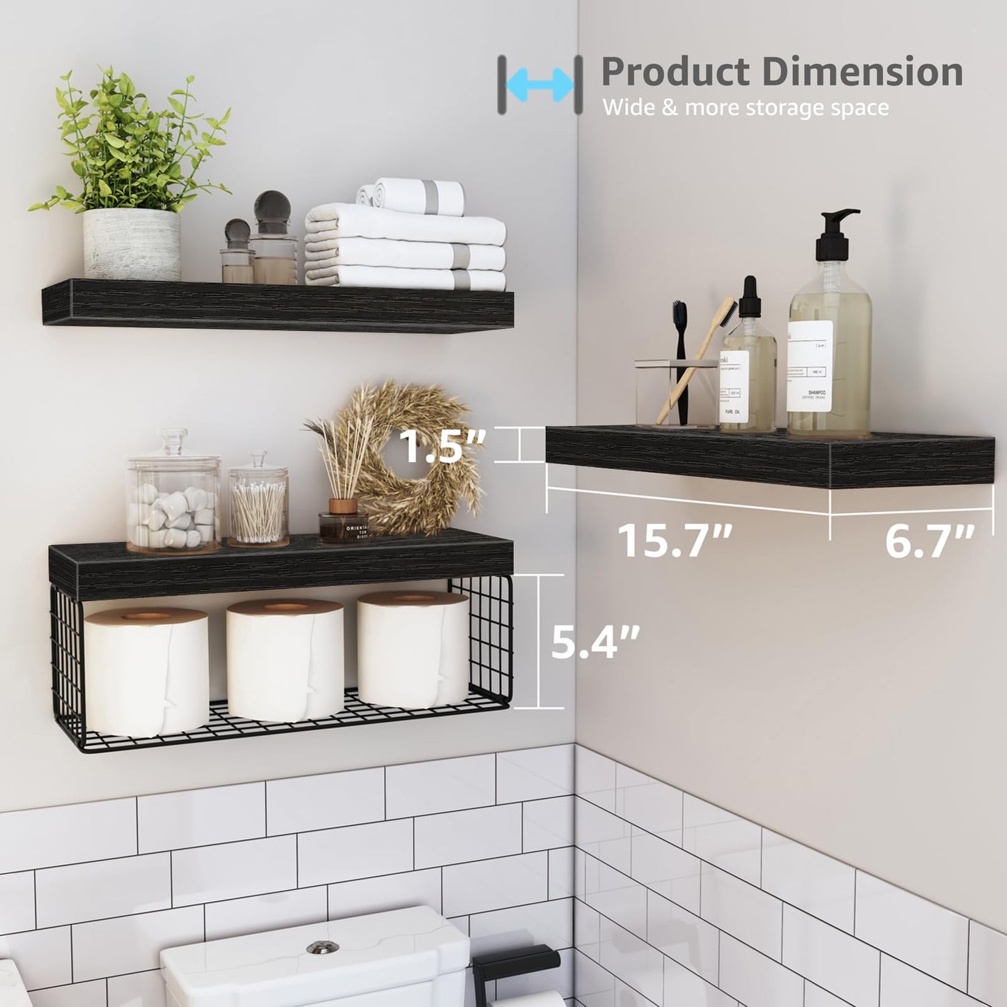 QEEIG Bathroom Shelves Over Toilet Wall Mounted Floating Shelves Farmhouse Shelf Toilet Paper Holder Small 16 inch Set of 3, Rustic Brown (019-BN3)