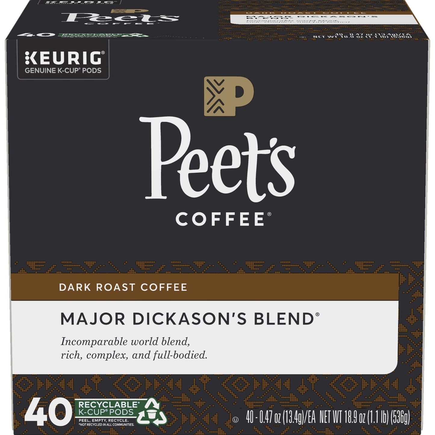 Peet's Coffee, Dark Roast K-Cup Pods for Keurig Brewers - Major Dickason's Blend 75 Count (1 Box of 75 K-Cup Pods)