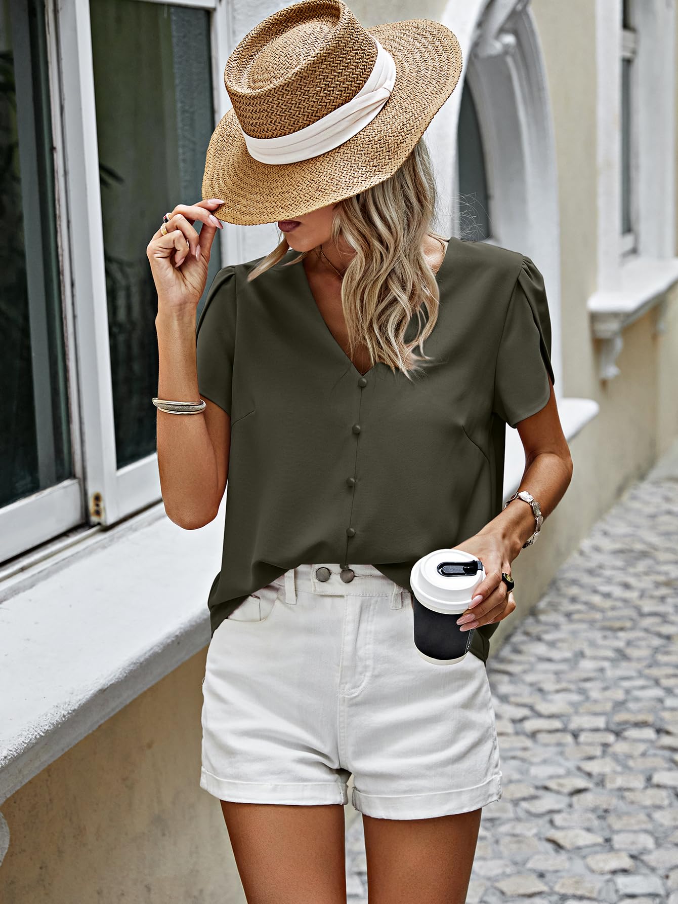 PRETTYGARDEN Short Sleeve Blouses for Women 2024 Summer Western Chiffon Shirts Dressy Casual Pearl Tops