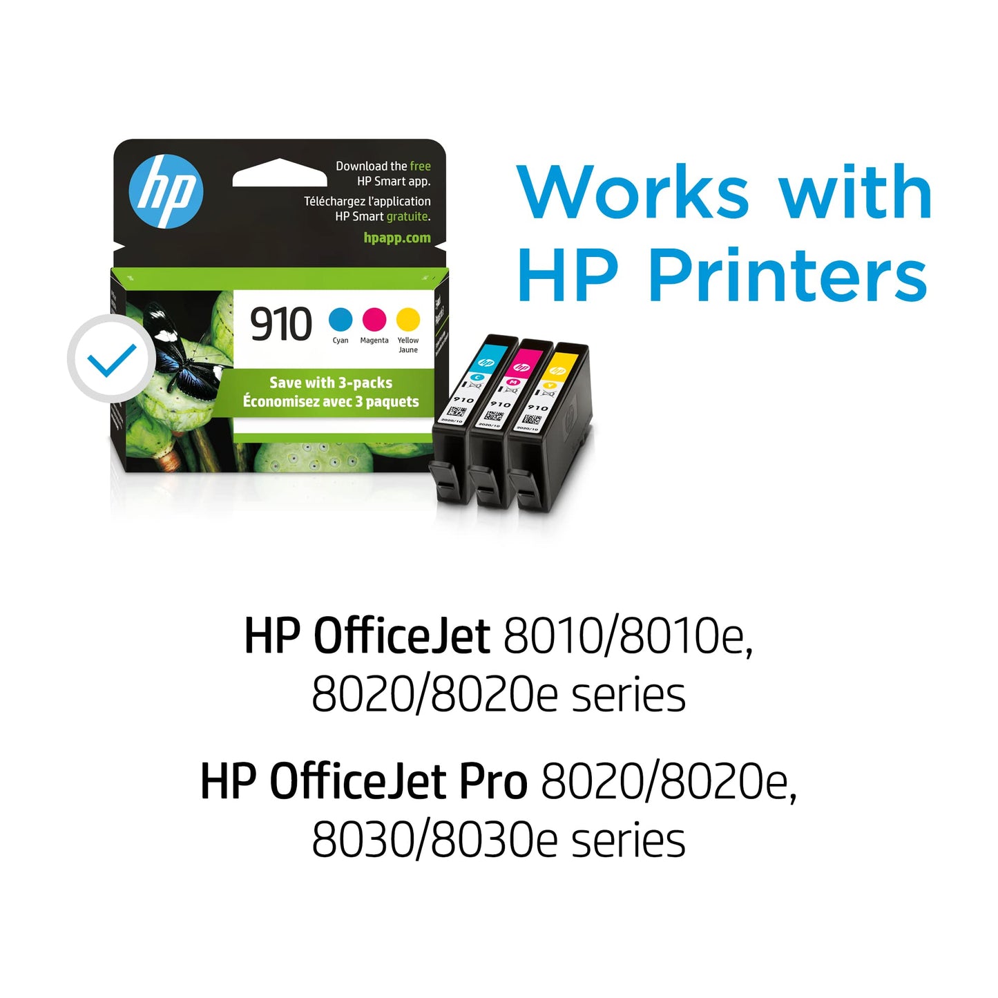 HP 910 Cyan, Magenta, Yellow Ink Cartridges (3-pack) | Works with HP OfficeJet 8010, 8020 Series, HP OfficeJet Pro 8020, 8030 Series | Eligible for Instant Ink | 3YN97AN