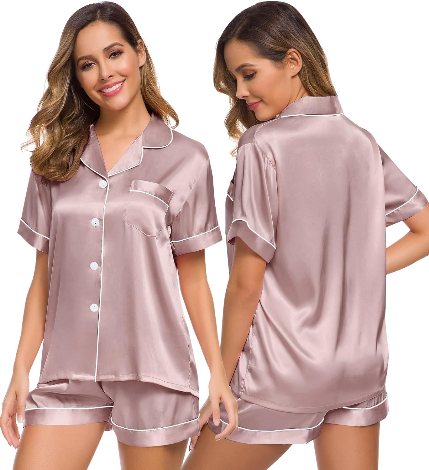 SWOMOG Womens Silk Satin Pajamas Set Two-piece Pj Sets Sleepwear Loungewear Button-Down Pj Sets